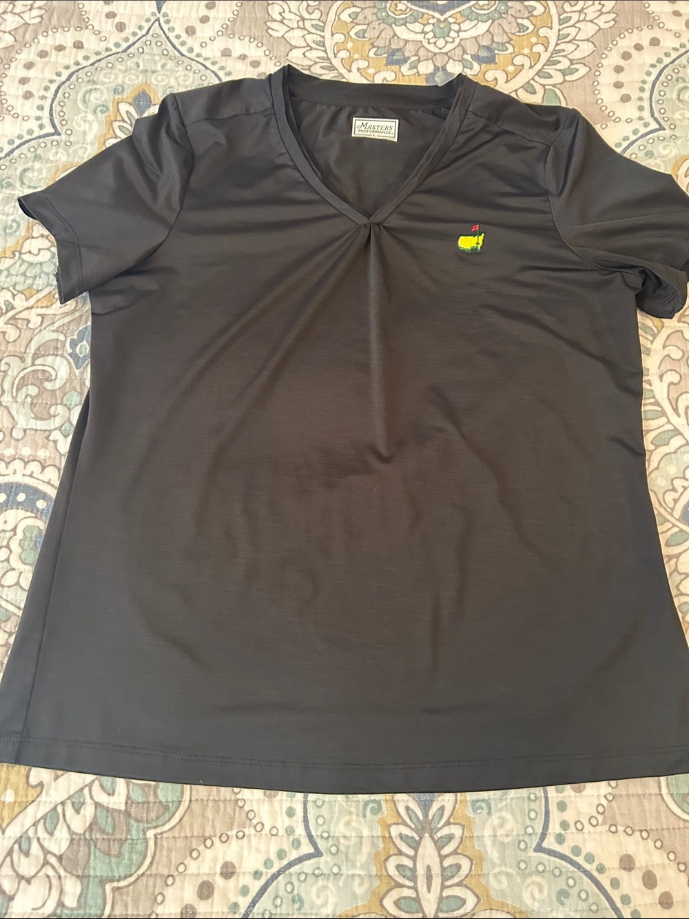 Masters Women's Black Short Sleeve V-Neck Performance Tee with Embroidered Logo